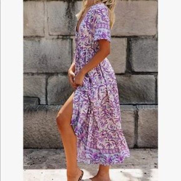 New Boho Floral Print Cotton Short Sleeve Flowy Dress - Picture 2 of 6